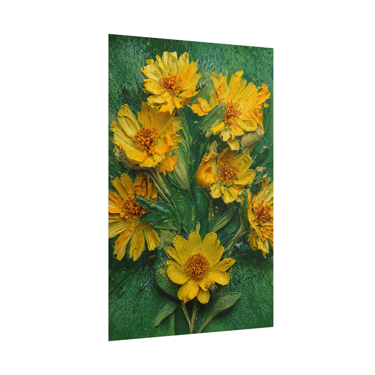 3D Impasto Yellow Flowers Oil Painting Print – Textured Palette Knife Floral Wall Art, Emerald Green Botanical Rolled Poster