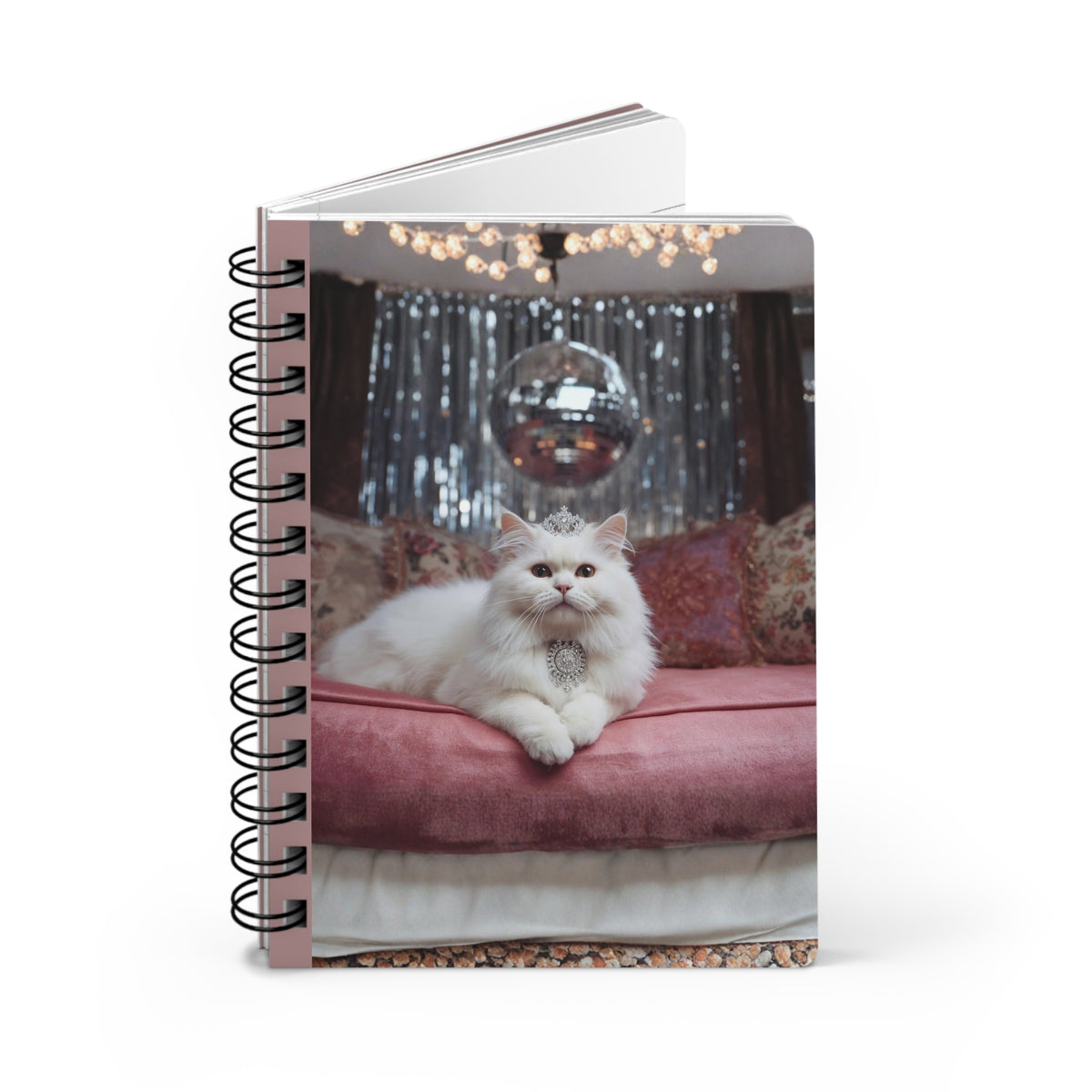 Luxury White Cat Spiral Journal – Sparkle Disco Queen Notebook