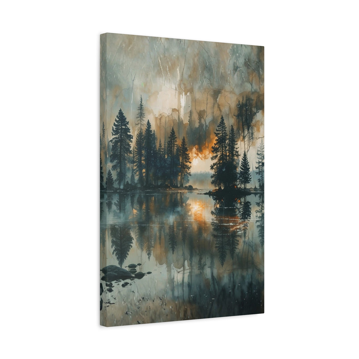 Moody Misty Forest Lake Wall Art Mountain Landscape Canvas Serene Nature Scenery Evergreen Trees Lake Reflection Artwork Rustic Cabin Decor