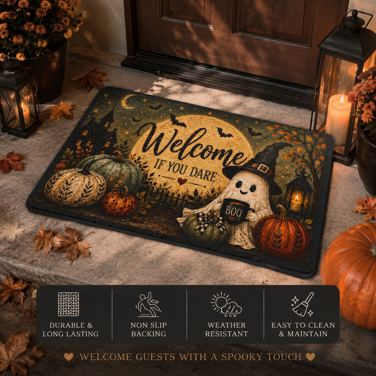 Halloween Welcome Doormat Rustic Fall Pumpkin Ghost Outdoor Indoor Entryway Decor Polyester Door Mat Festive Collection
