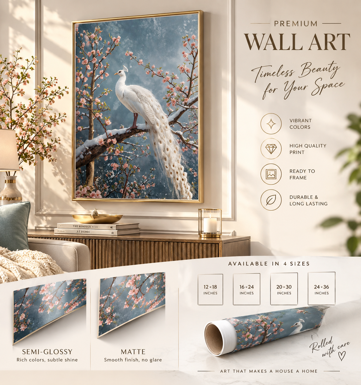 Rolled poster White Peacock Wall Art, Cherry Blossom Winter Landscape Print, Chinoiserie Large Botanical Poster, Elegant Nature Animals Decor Rolled Poster