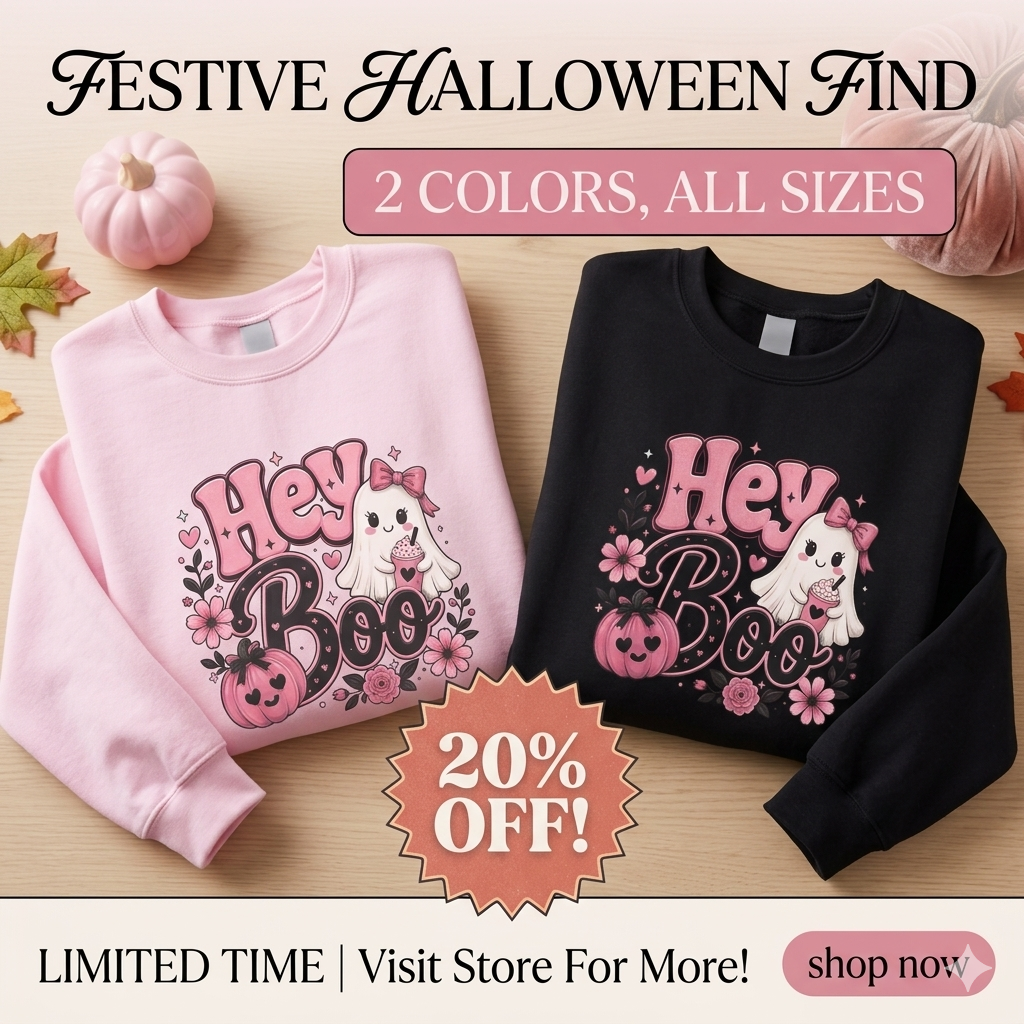 Hey Boo Halloween Sweatshirt Spooky Ghost Crewneck Cute Witchy Autumn Fall Graphic Sweater Festive Collection