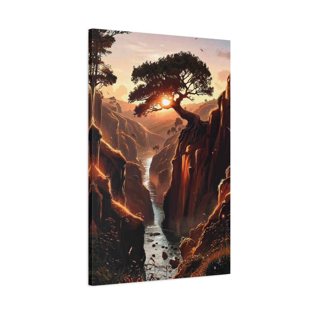 Epic Sunset River Canyon Canvas Art - Majestic Tree Landscape Wall Decor