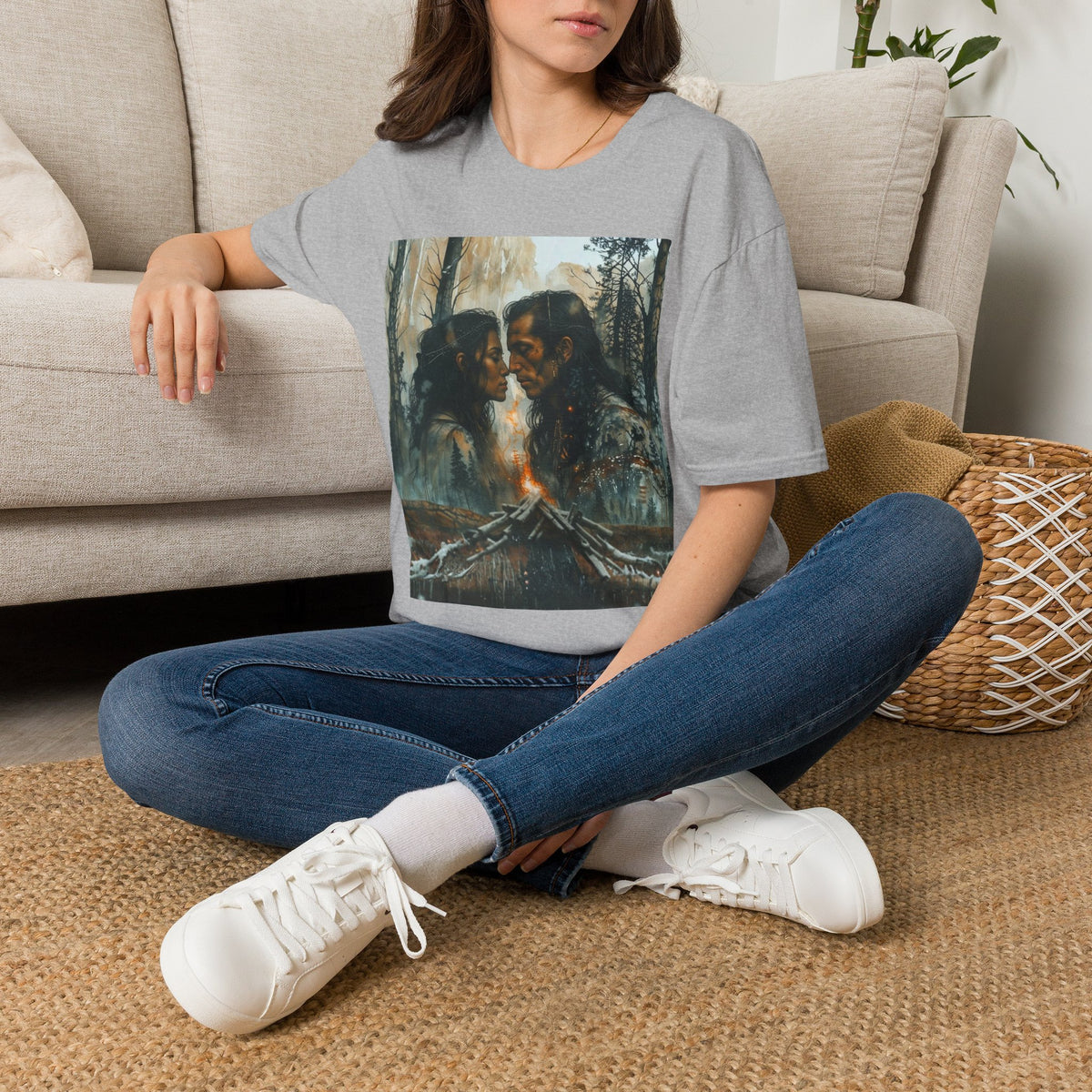 Native American Couple Love T-Shirt, Romantic Tribal Art Shirt, Indigenous Inspired Forest Graphic Tee