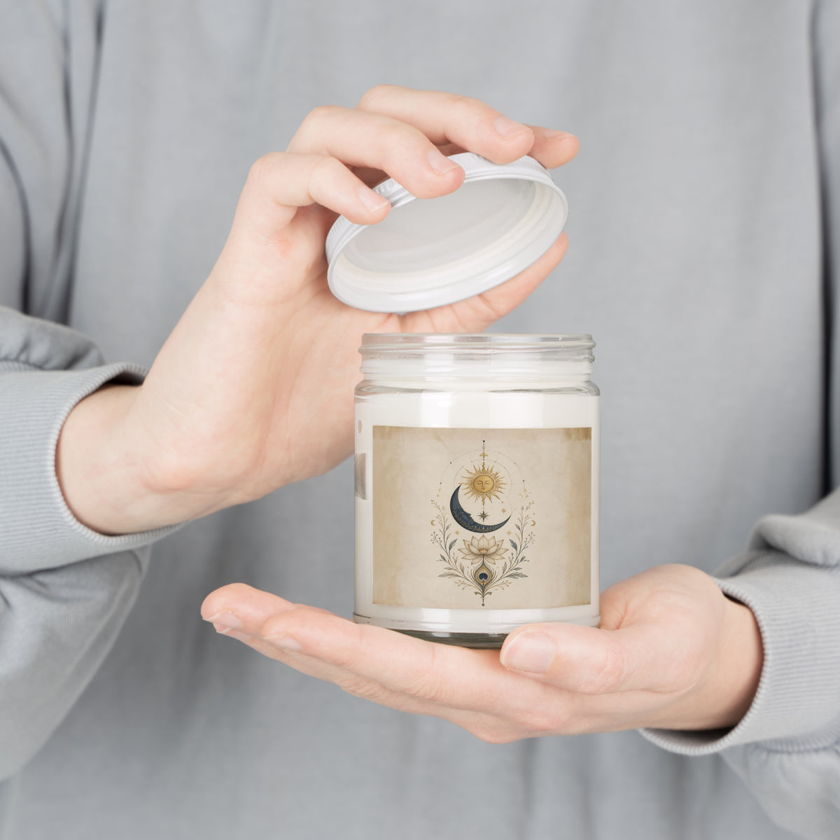 Mystical Sun and Moon Celestial Ritual Candle Bohemian Lotus Scented Soy Candles with White Lid, 9oz