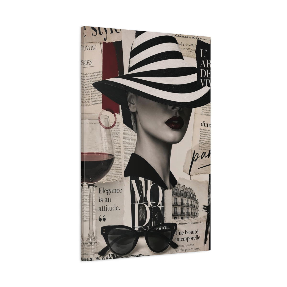 Parisian Fashion Wall Art Canvas – Elegant Woman in Hat, Black & White Paris Decor, Luxury Chic Wall Art