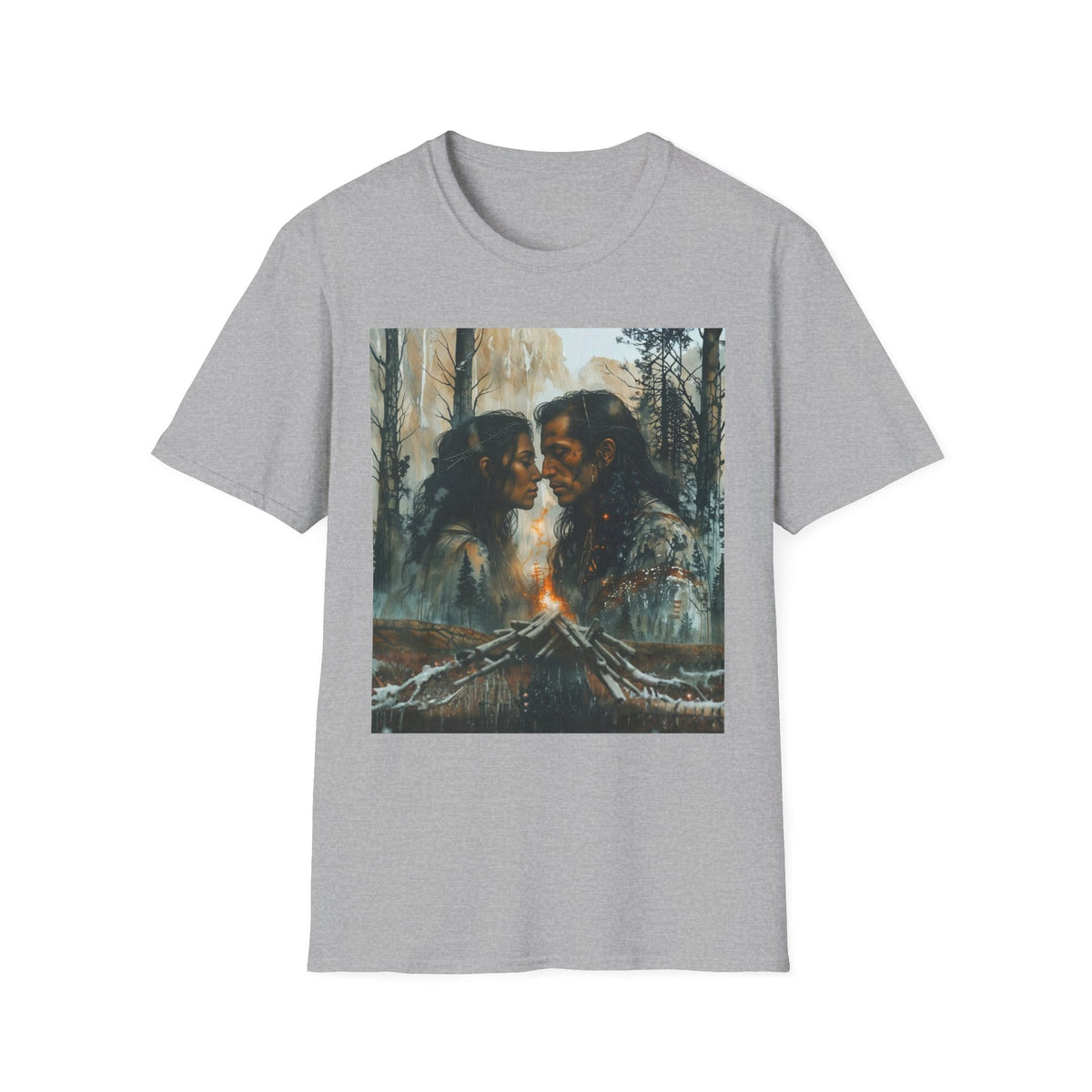 Native American Couple Love T-Shirt, Romantic Tribal Art Shirt, Indigenous Inspired Forest Graphic Tee