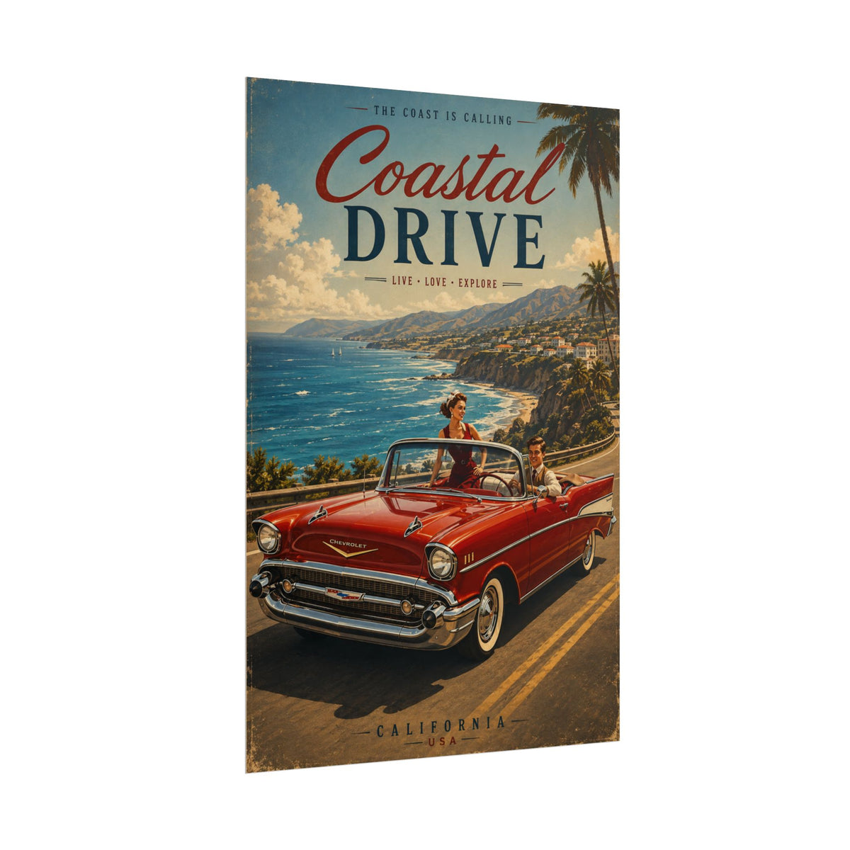 Vintage California Coastal Drive Poster - Retro 1950s Chevy Wall Art