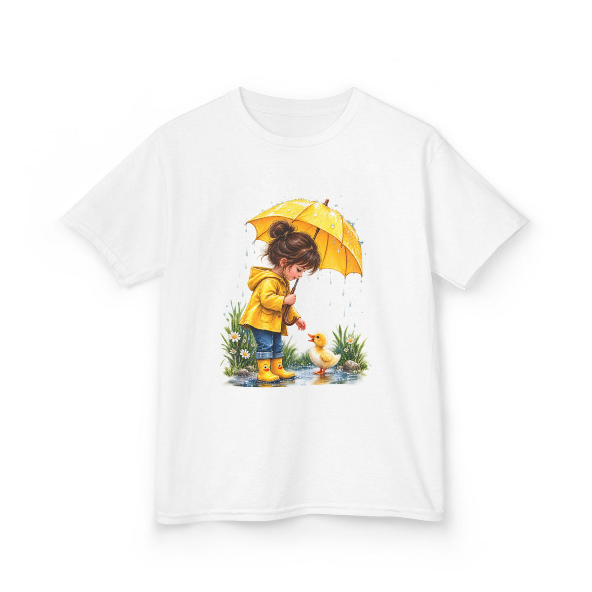 Kidswear Rainy Day  – Yellow Raincoat & Duckling Watercolor Shirt, Cute Kids Graphic Tee, Rainy Day Nature Shirt