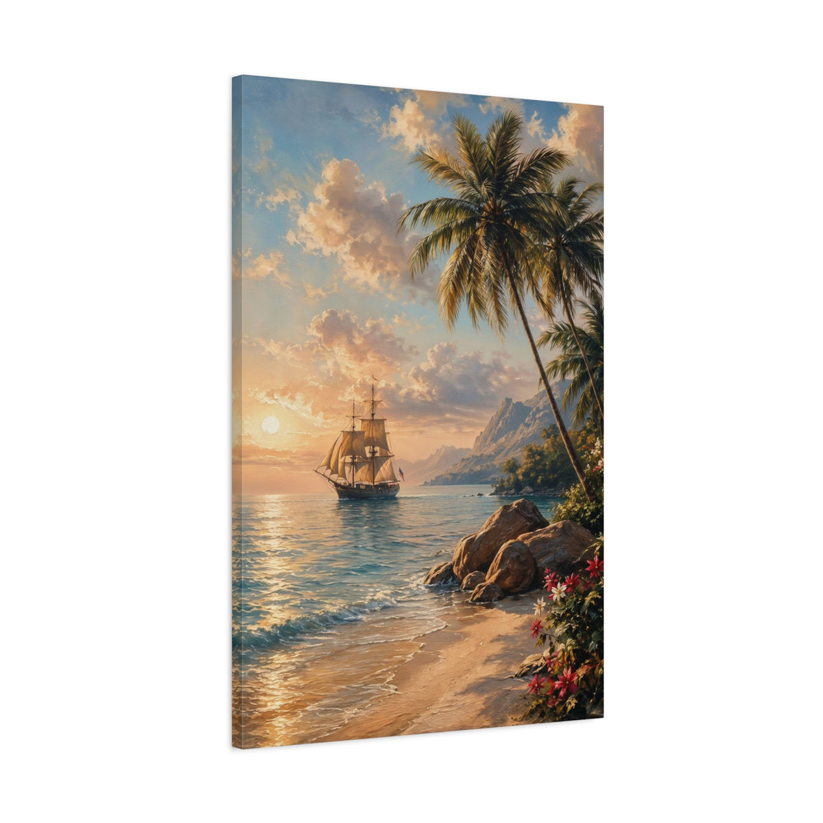 Vintage Sailing Ship Tropical Beach Canvas Wall Art - Large Coastal Sunset Print