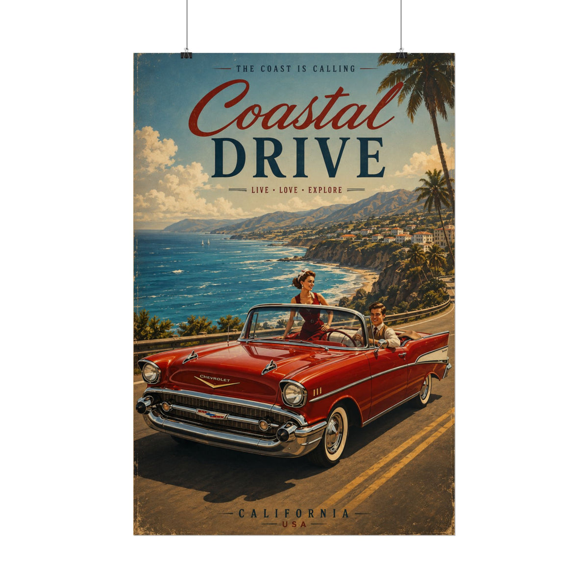 Vintage California Coastal Drive Poster - Retro 1950s Chevy Wall Art