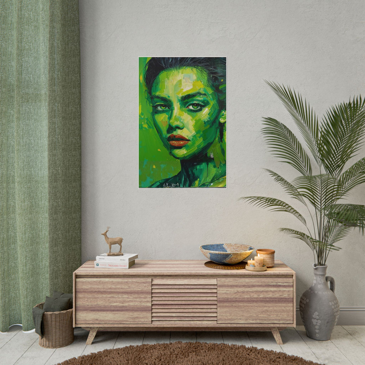 Abstract Portrait Rolled Poster, Modern Face Art Print, Contemporary Figurative Wall Decor Neon green.