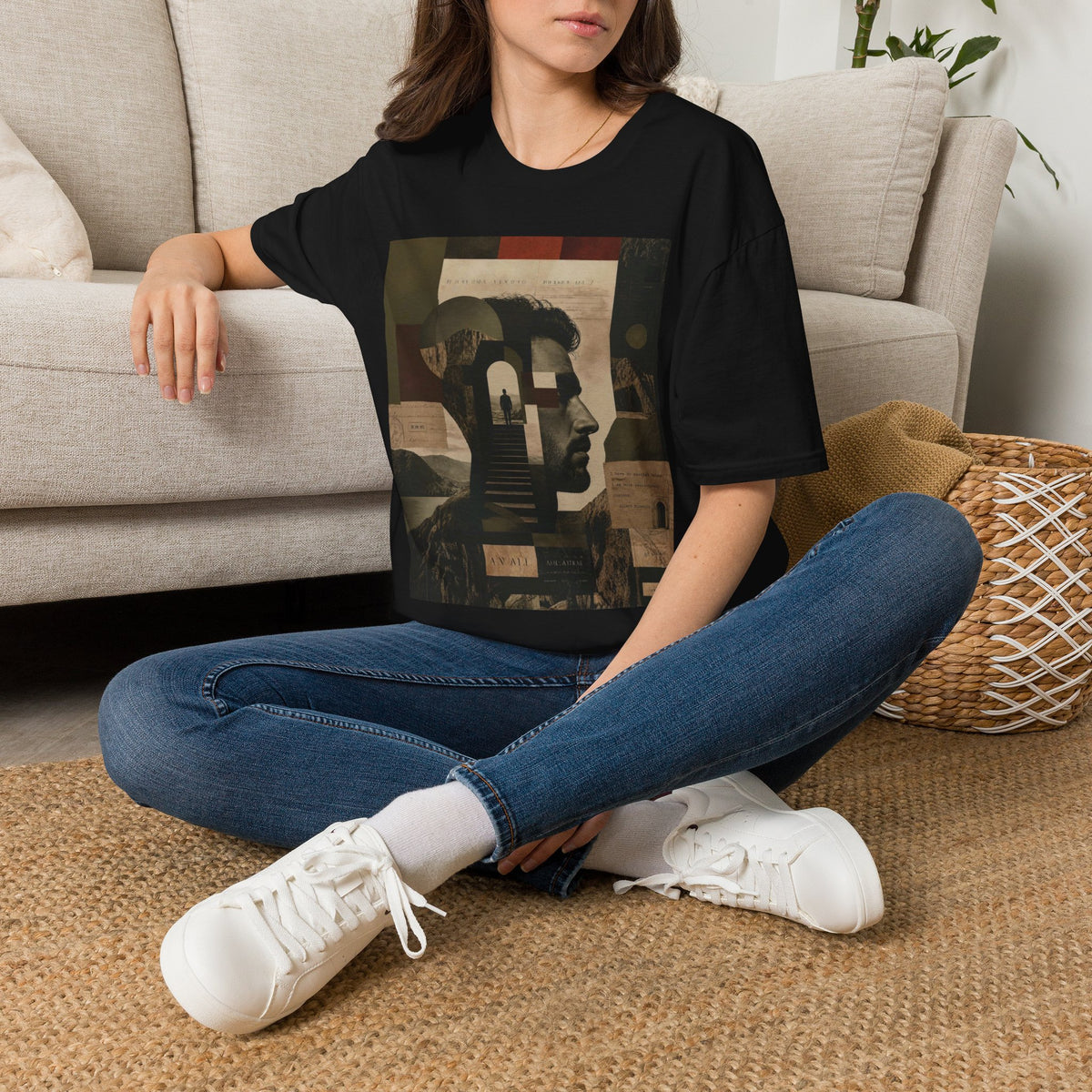 Mindscape Collage Graphic T-Shirt – Abstract Mountain & Portrait Art Tee