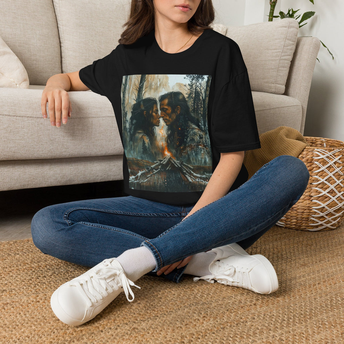 Native American Couple Love T-Shirt, Romantic Tribal Art Shirt, Indigenous Inspired Forest Graphic Tee