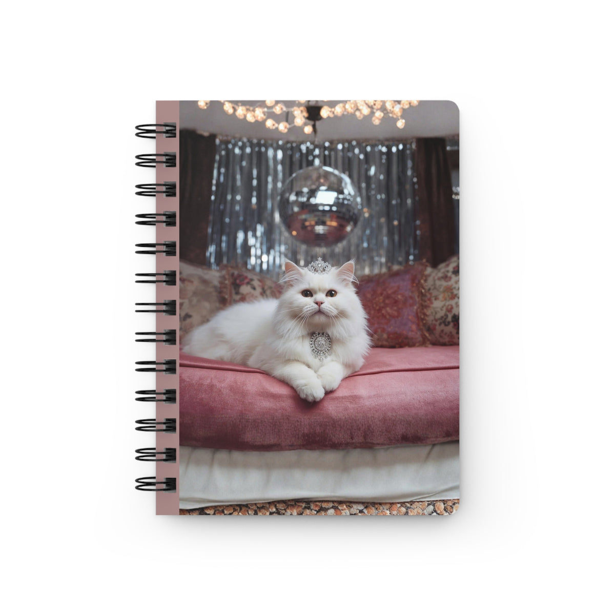 Luxury White Cat Spiral Journal – Sparkle Disco Queen Notebook