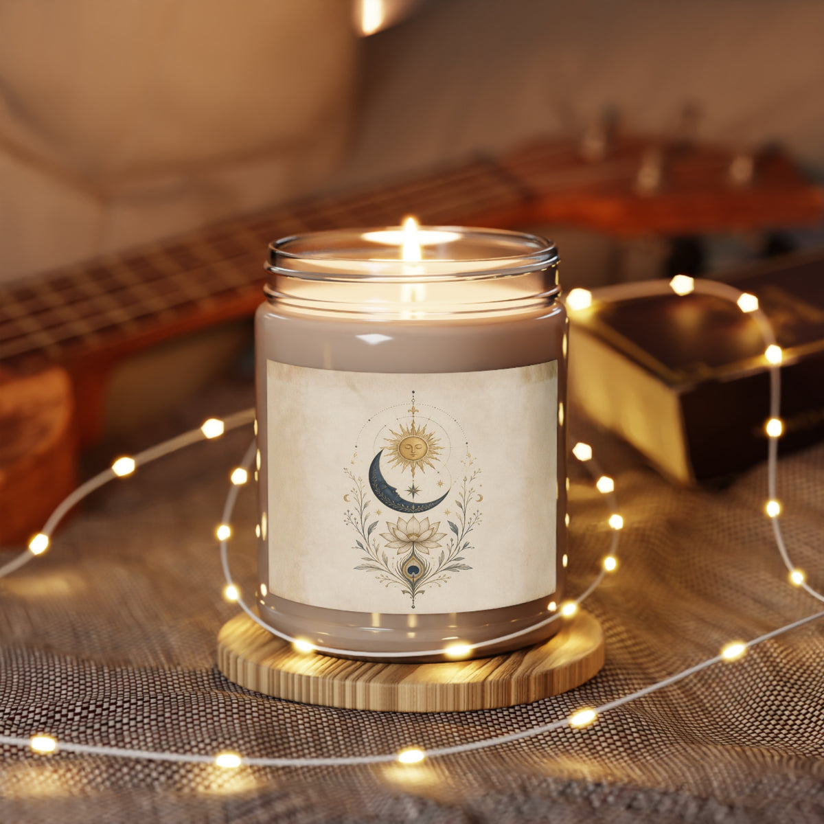 Mystical Sun and Moon Celestial Ritual Candle Bohemian Lotus Scented Soy Candles with White Lid, 9oz