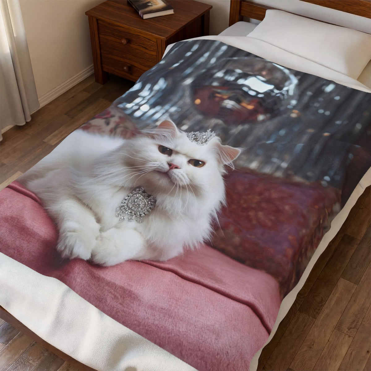 Queen Cat Blanket – Luxury White Cat Throw Blanket, Cute Cat Lover Gift, Cat Mom Gift, Pink Cozy Home DecorVelveteen Plush Blanket