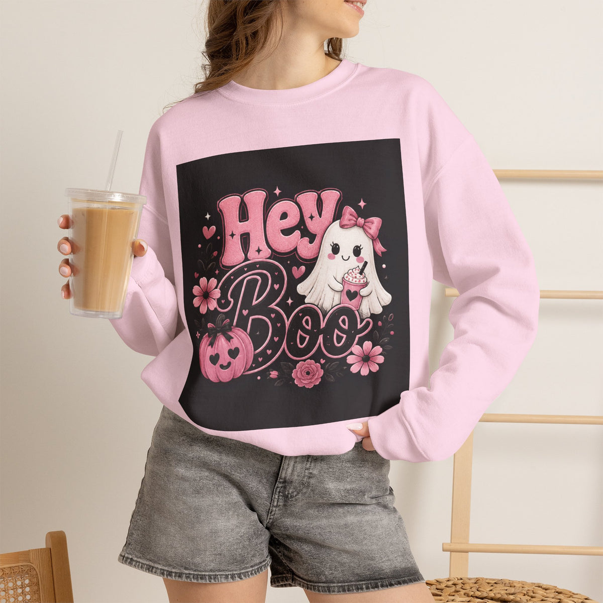 Hey Boo Halloween Sweatshirt Spooky Ghost Crewneck Cute Witchy Autumn Fall Graphic Sweater Festive Collection