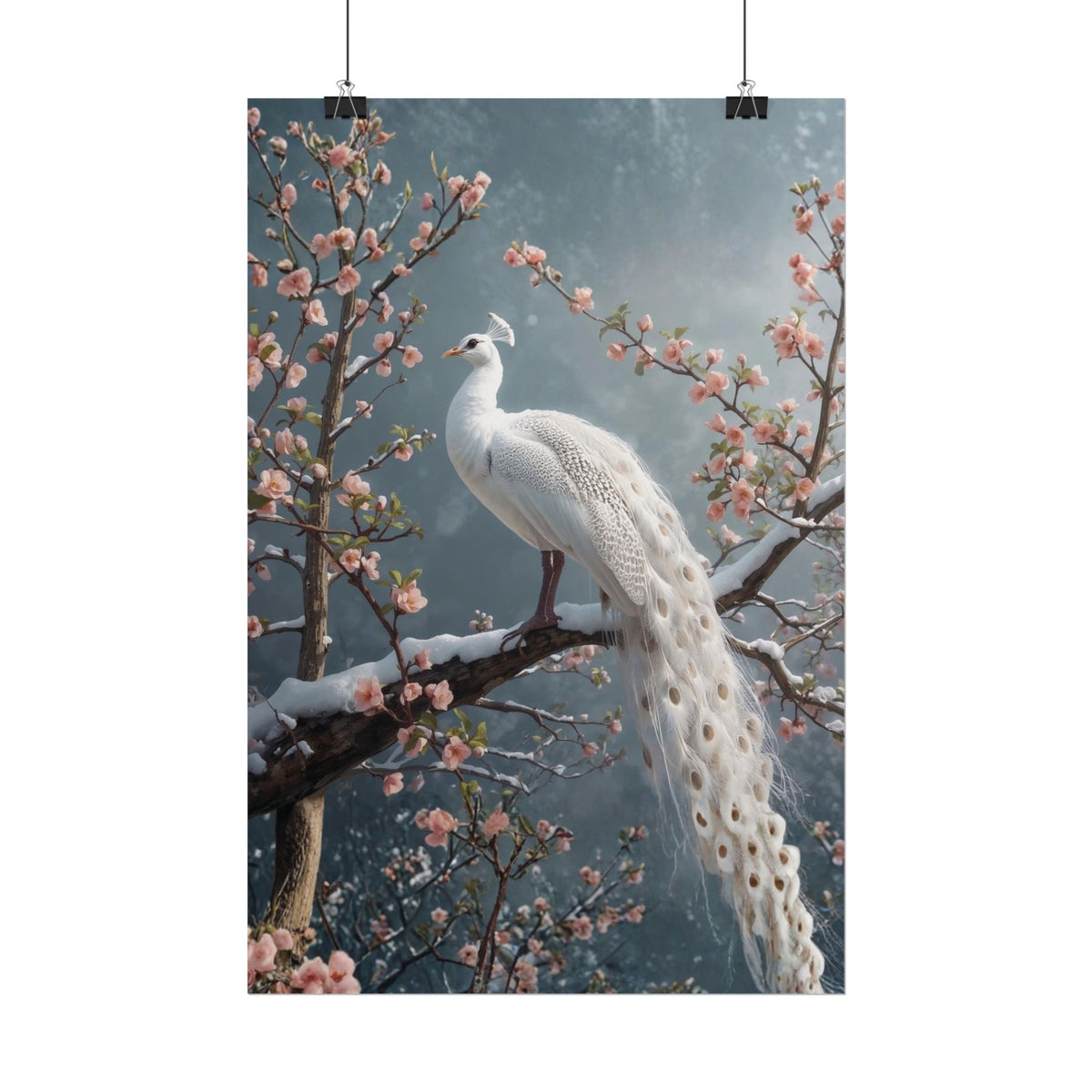 Rolled poster White Peacock Wall Art, Cherry Blossom Winter Landscape Print, Chinoiserie Large Botanical Poster, Elegant Nature Animals Decor Rolled Poster