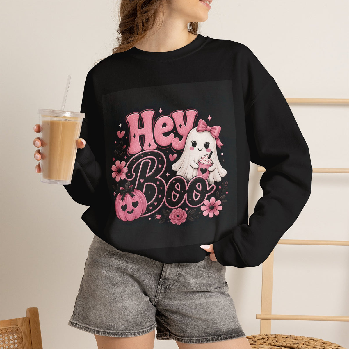 Hey Boo Halloween Sweatshirt Spooky Ghost Crewneck Cute Witchy Autumn Fall Graphic Sweater Festive Collection