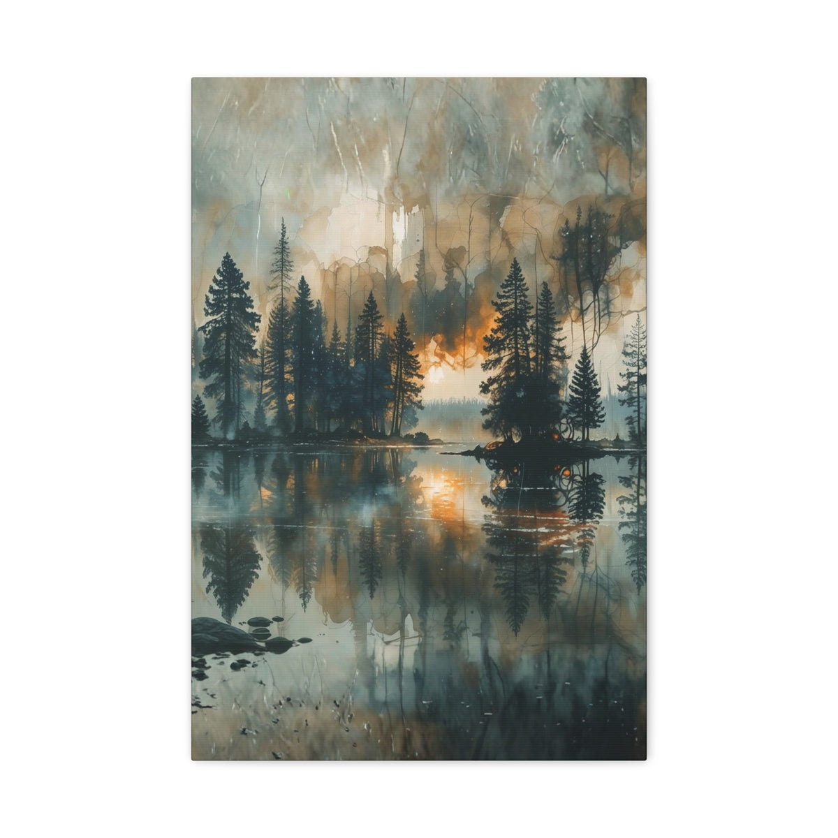 Moody Misty Forest Lake Wall Art Mountain Landscape Canvas Serene Nature Scenery Evergreen Trees Lake Reflection Artwork Rustic Cabin Decor