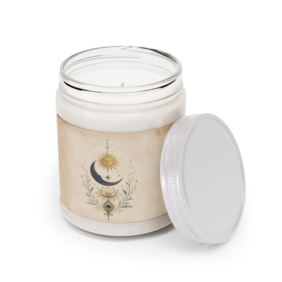 Mystical Sun and Moon Celestial Ritual Candle Bohemian Lotus Scented Soy Candles with White Lid, 9oz