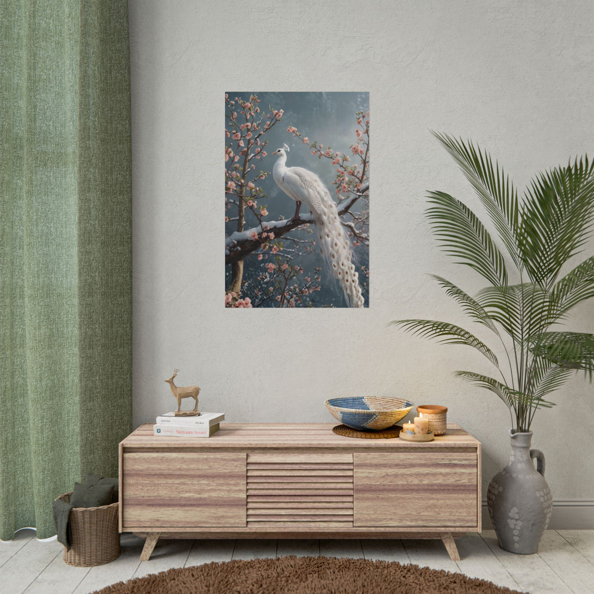 Rolled poster White Peacock Wall Art, Cherry Blossom Winter Landscape Print, Chinoiserie Large Botanical Poster, Elegant Nature Animals Decor Rolled Poster