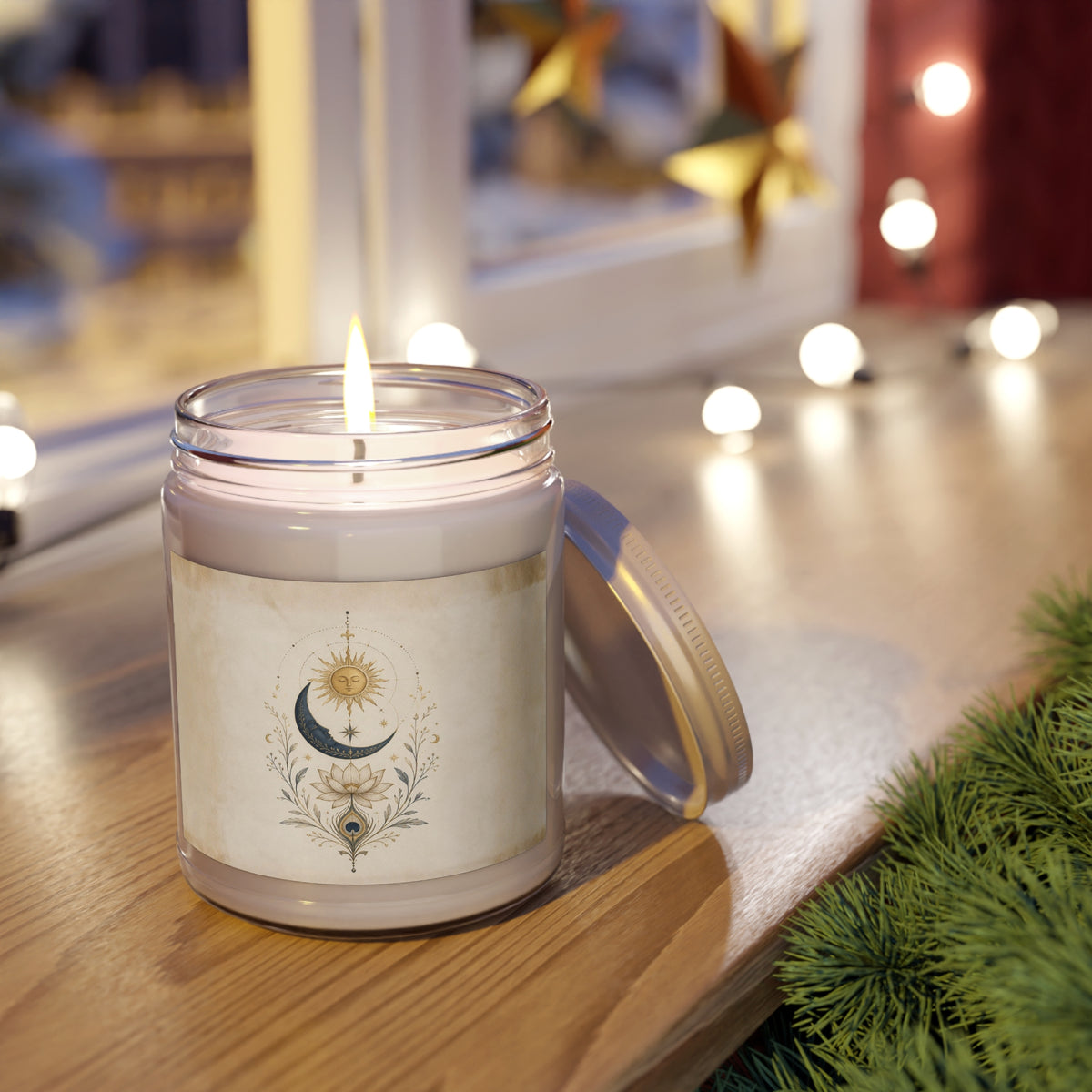 Mystical Sun and Moon Celestial Ritual Candle Bohemian Lotus Scented Soy Candles with White Lid, 9oz