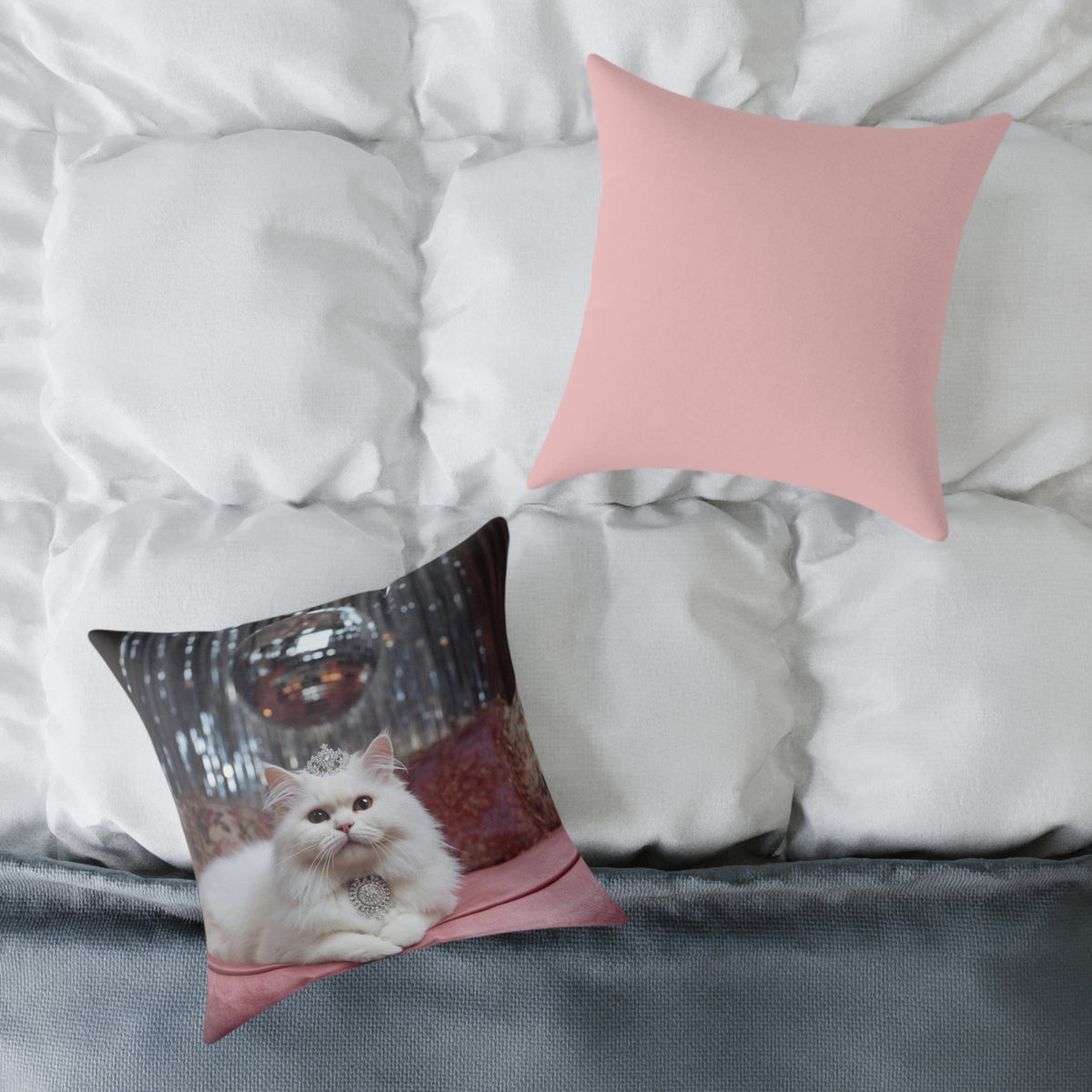 Funny White Persian Cat Throw Pillow with Crown , Decorative Princess Cat Cushion Cover, Cute Regal Pet Luxury Pink Disco Decor