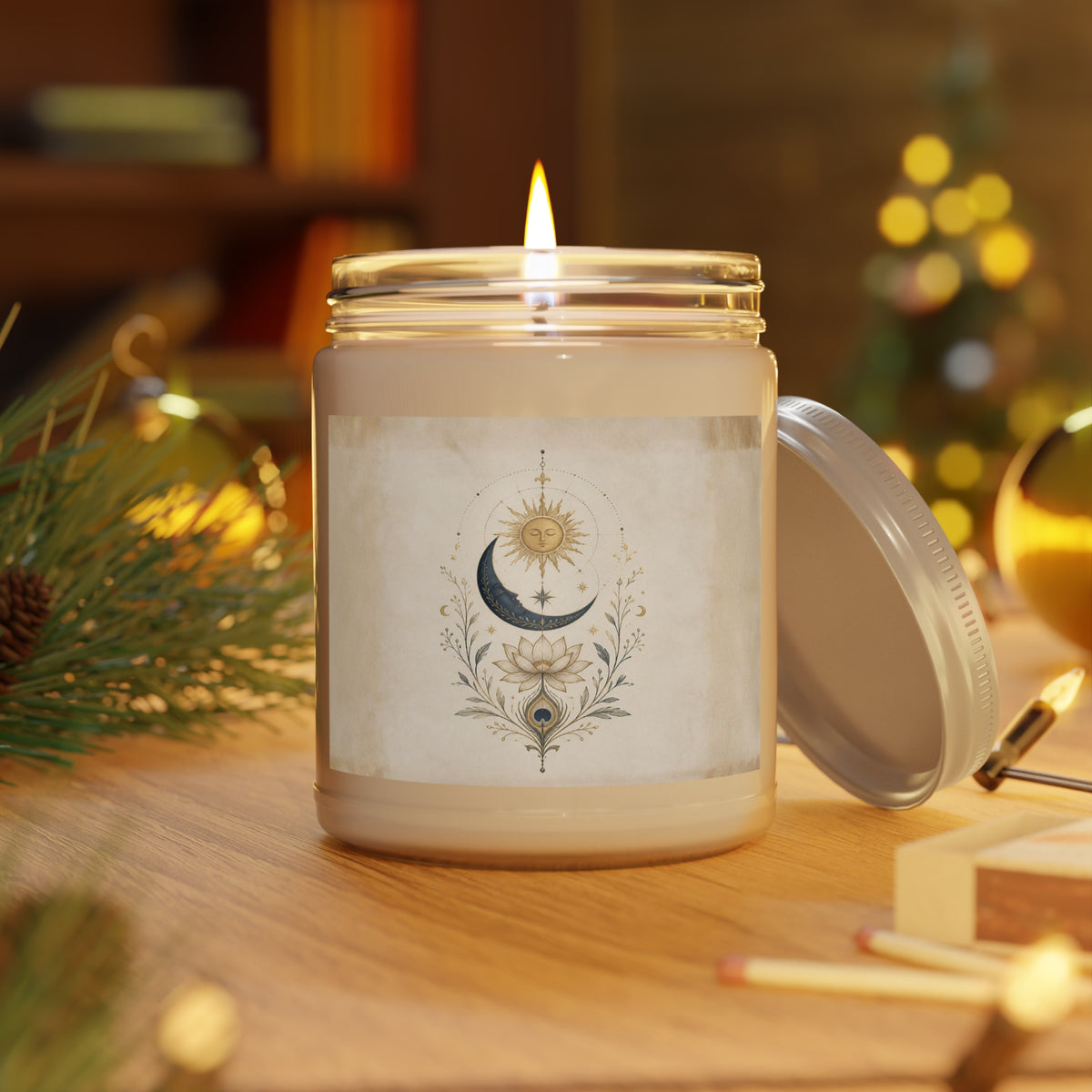 Mystical Sun and Moon Celestial Ritual Candle Bohemian Lotus Scented Soy Candles with White Lid, 9oz