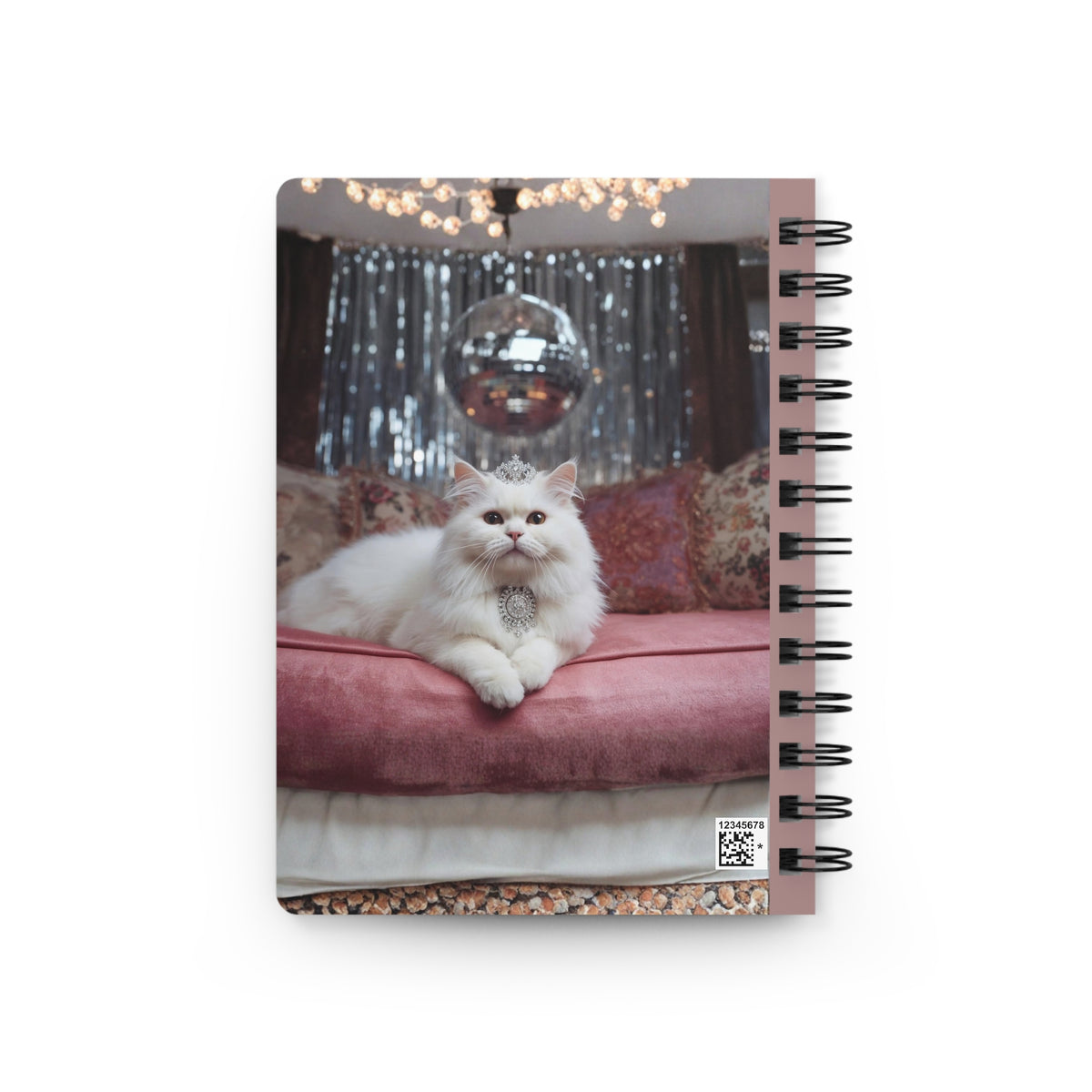 Luxury White Cat Spiral Journal – Sparkle Disco Queen Notebook