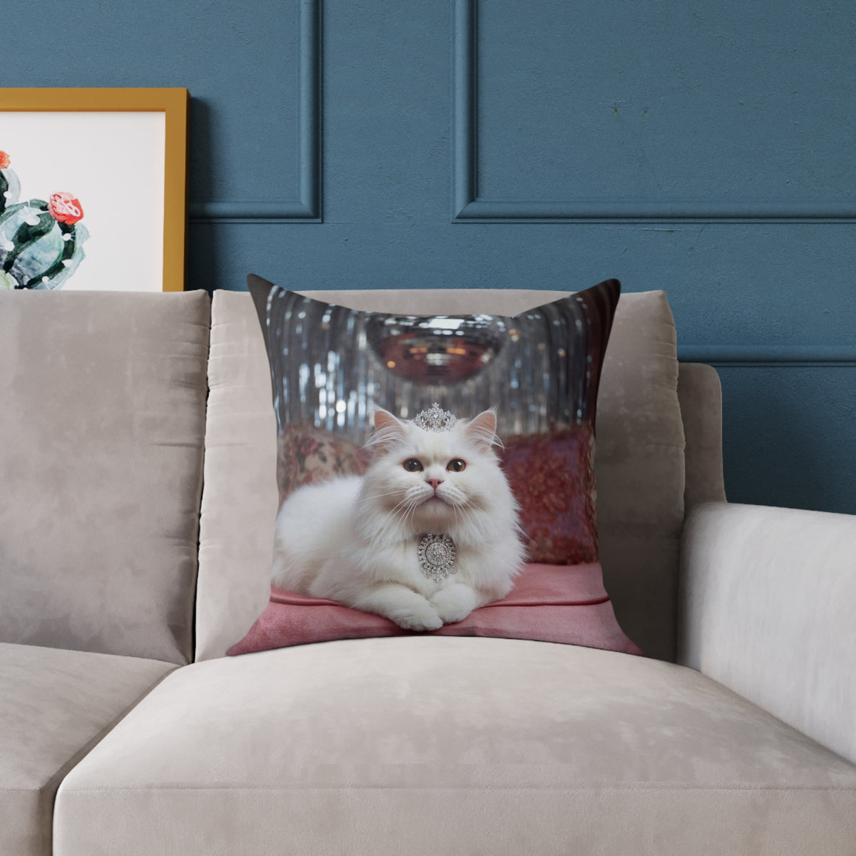 Funny White Persian Cat Throw Pillow with Crown , Decorative Princess Cat Cushion Cover, Cute Regal Pet Luxury Pink Disco Decor