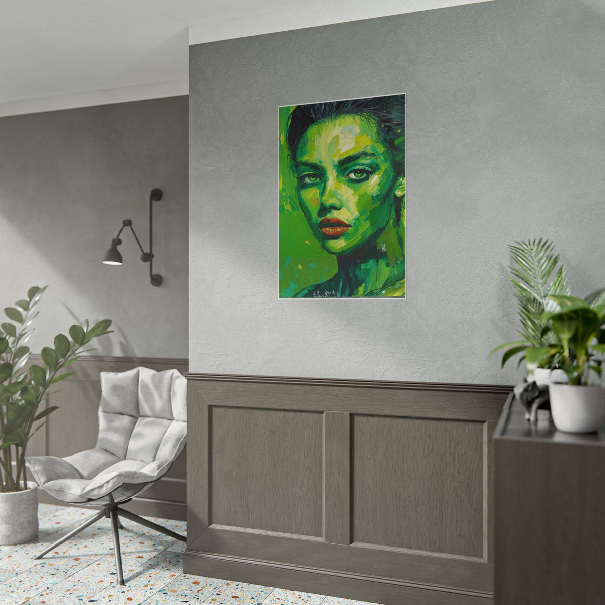 Abstract Portrait Rolled Poster, Modern Face Art Print, Contemporary Figurative Wall Decor Neon green.