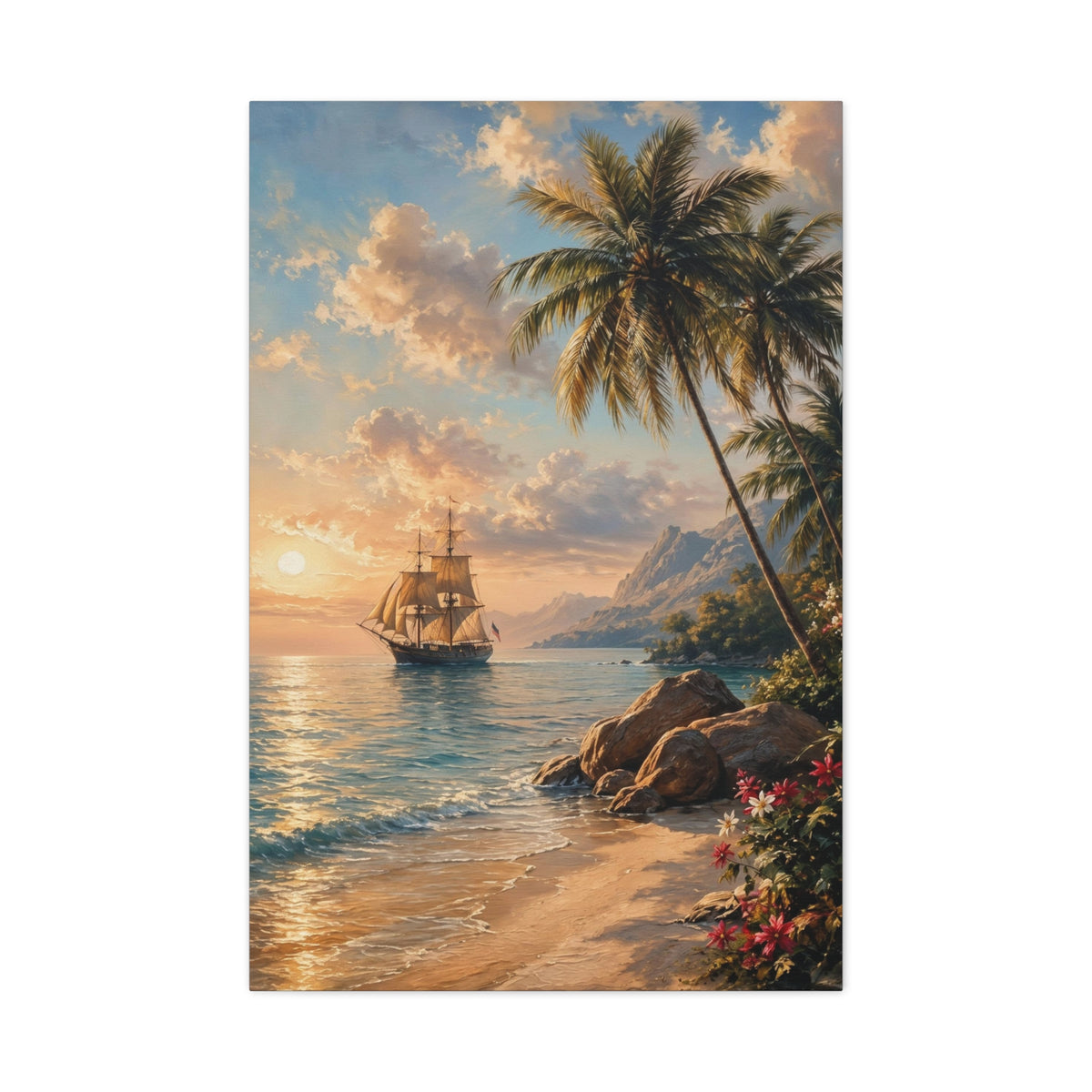 Vintage Sailing Ship Tropical Beach Canvas Wall Art - Large Coastal Sunset Print
