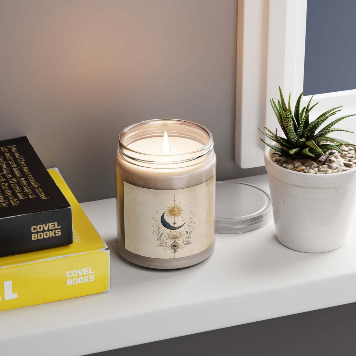 Mystical Sun and Moon Celestial Ritual Candle Bohemian Lotus Scented Soy Candles with White Lid, 9oz