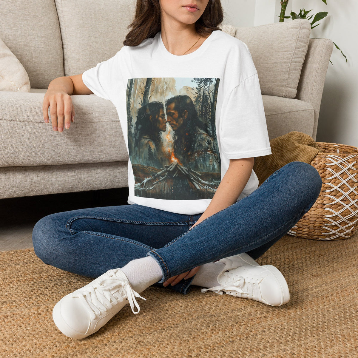 Native American Couple Love T-Shirt, Romantic Tribal Art Shirt, Indigenous Inspired Forest Graphic Tee