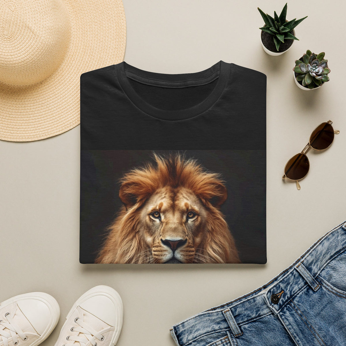 Men’s Lion Graphic T-Shirt, Realistic Lion Art Tee, Black Unisex Animal Print Shirt