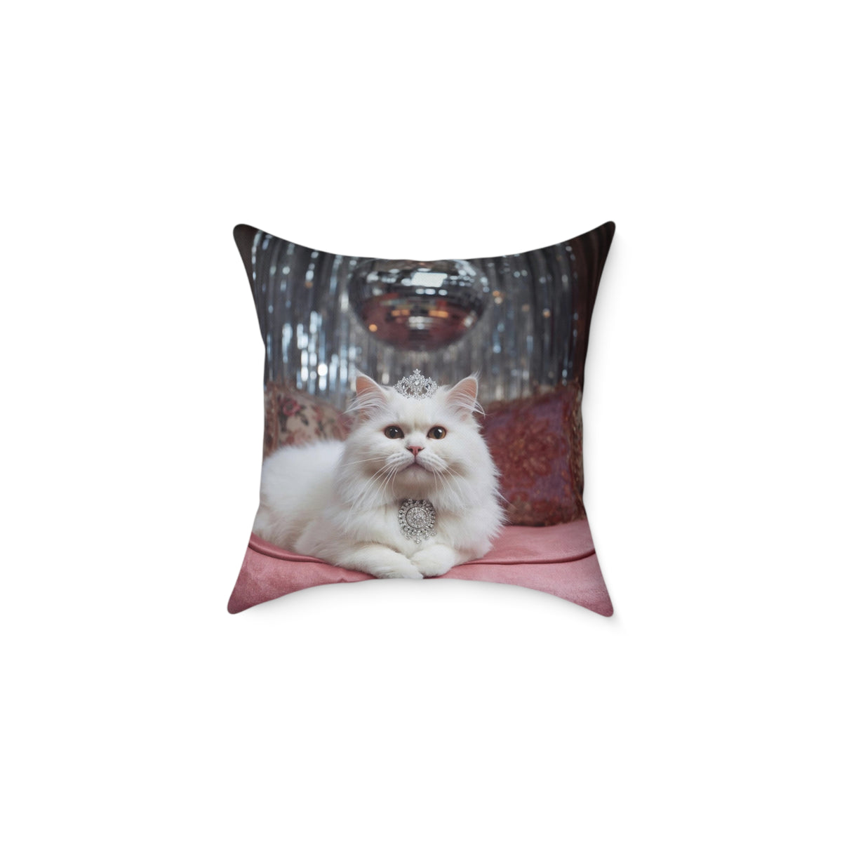 Funny White Persian Cat Throw Pillow with Crown , Decorative Princess Cat Cushion Cover, Cute Regal Pet Luxury Pink Disco Decor