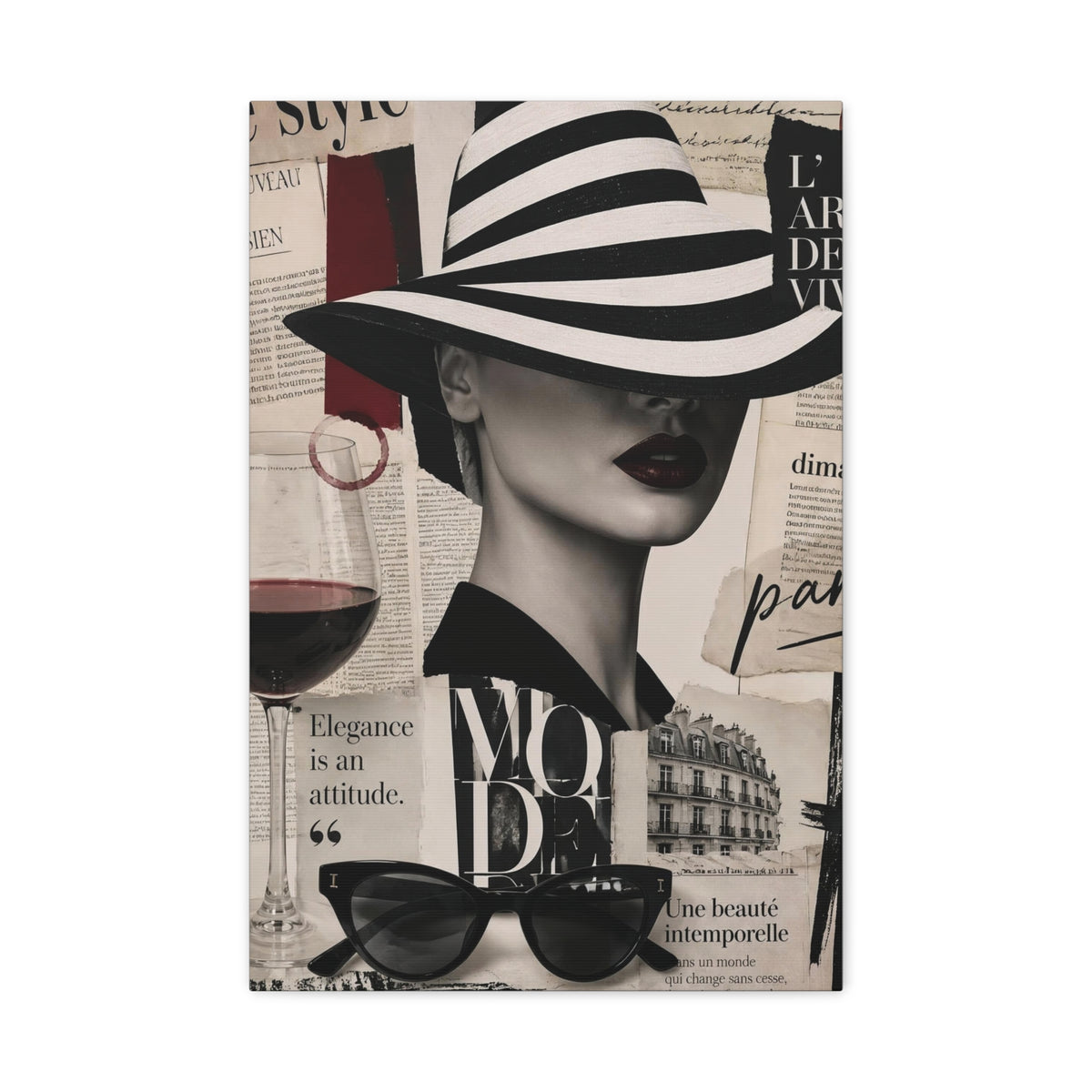 Parisian Fashion Wall Art Canvas – Elegant Woman in Hat, Black & White Paris Decor, Luxury Chic Wall Art