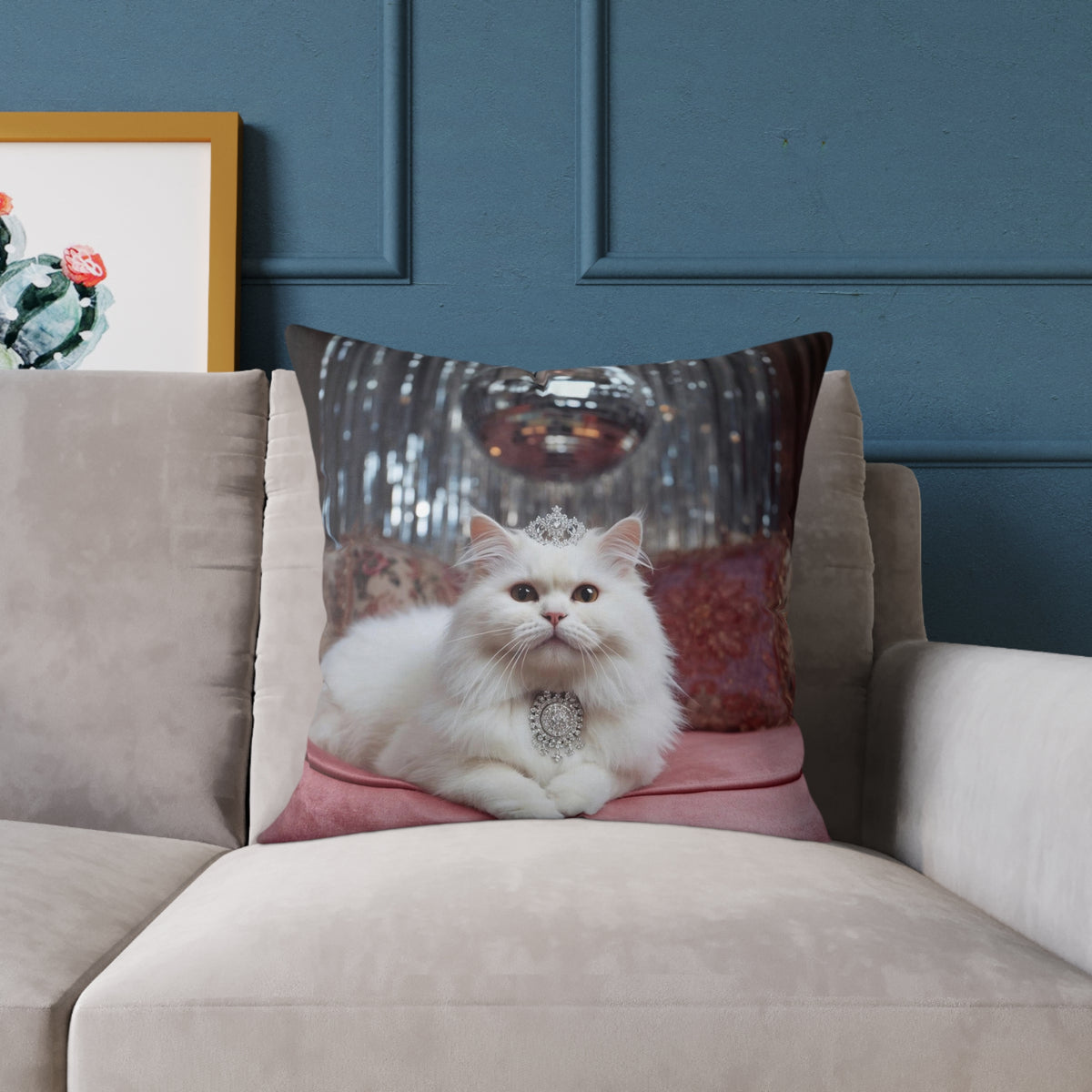 Funny White Persian Cat Throw Pillow with Crown , Decorative Princess Cat Cushion Cover, Cute Regal Pet Luxury Pink Disco Decor