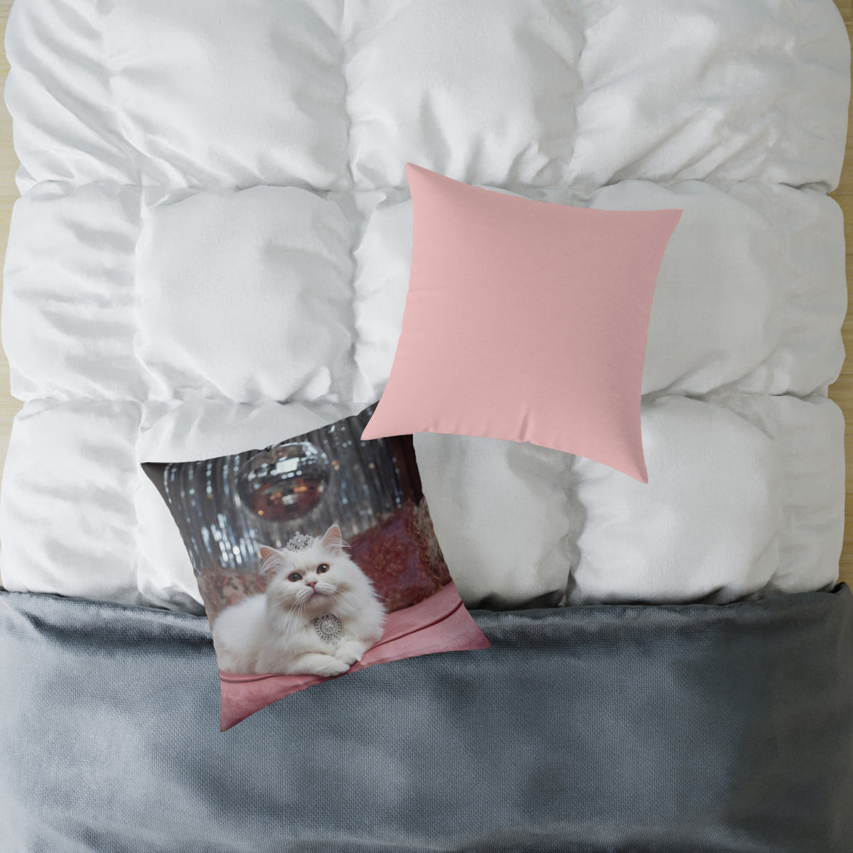 Funny White Persian Cat Throw Pillow with Crown , Decorative Princess Cat Cushion Cover, Cute Regal Pet Luxury Pink Disco Decor