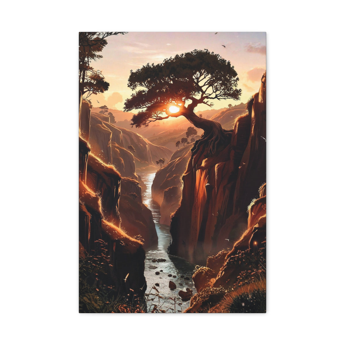 Epic Sunset River Canyon Canvas Art - Majestic Tree Landscape Wall Decor