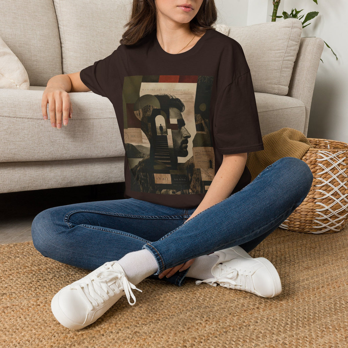 Mindscape Collage Graphic T-Shirt – Abstract Mountain & Portrait Art Tee