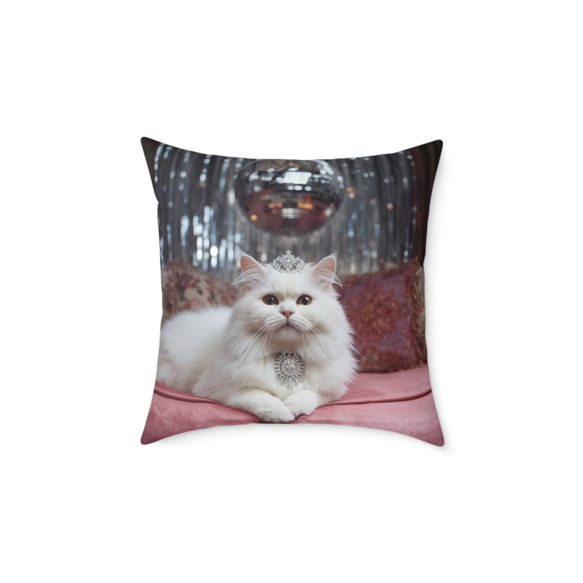 Funny White Persian Cat Throw Pillow with Crown , Decorative Princess Cat Cushion Cover, Cute Regal Pet Luxury Pink Disco Decor