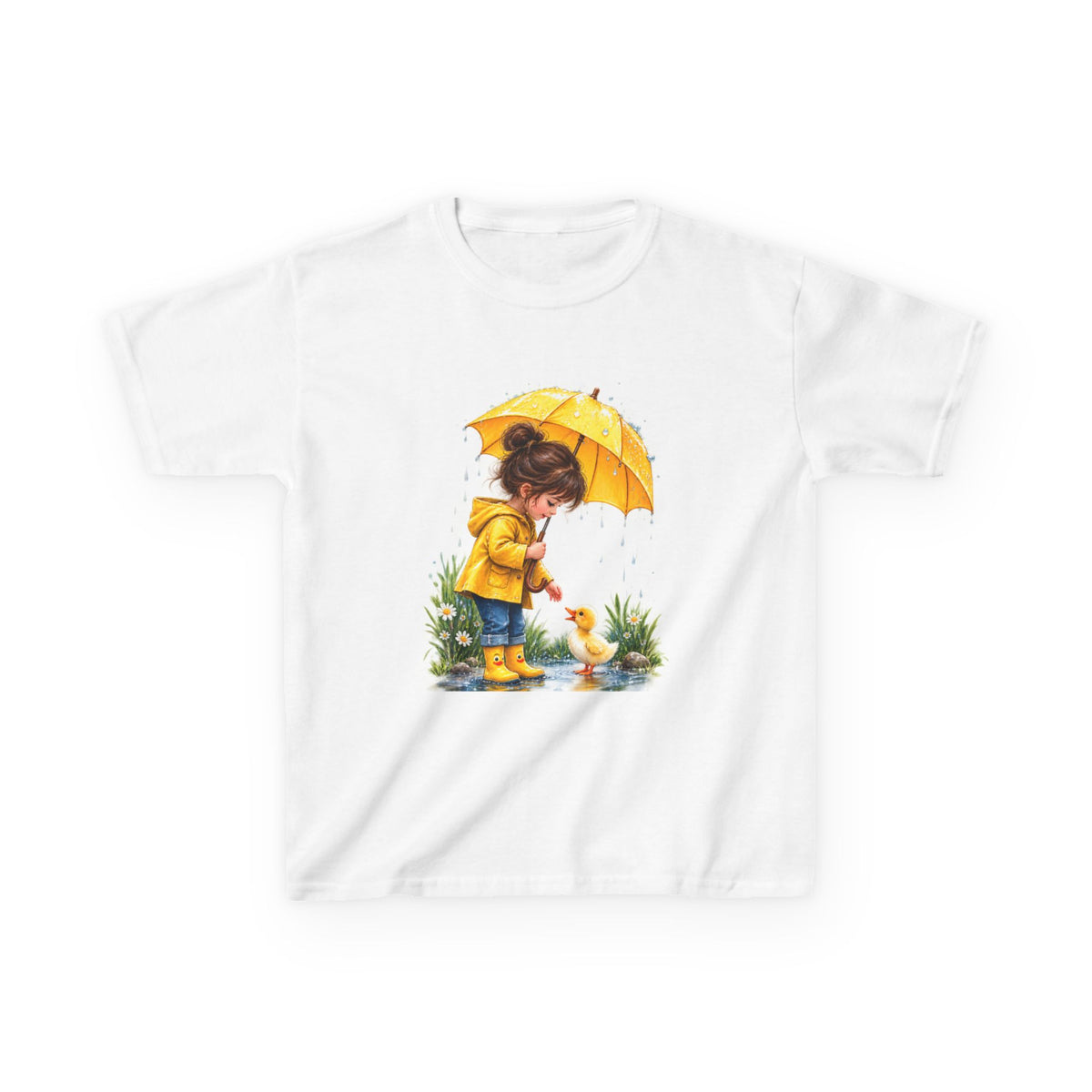 Kidswear Rainy Day  – Yellow Raincoat & Duckling Watercolor Shirt, Cute Kids Graphic Tee, Rainy Day Nature Shirt