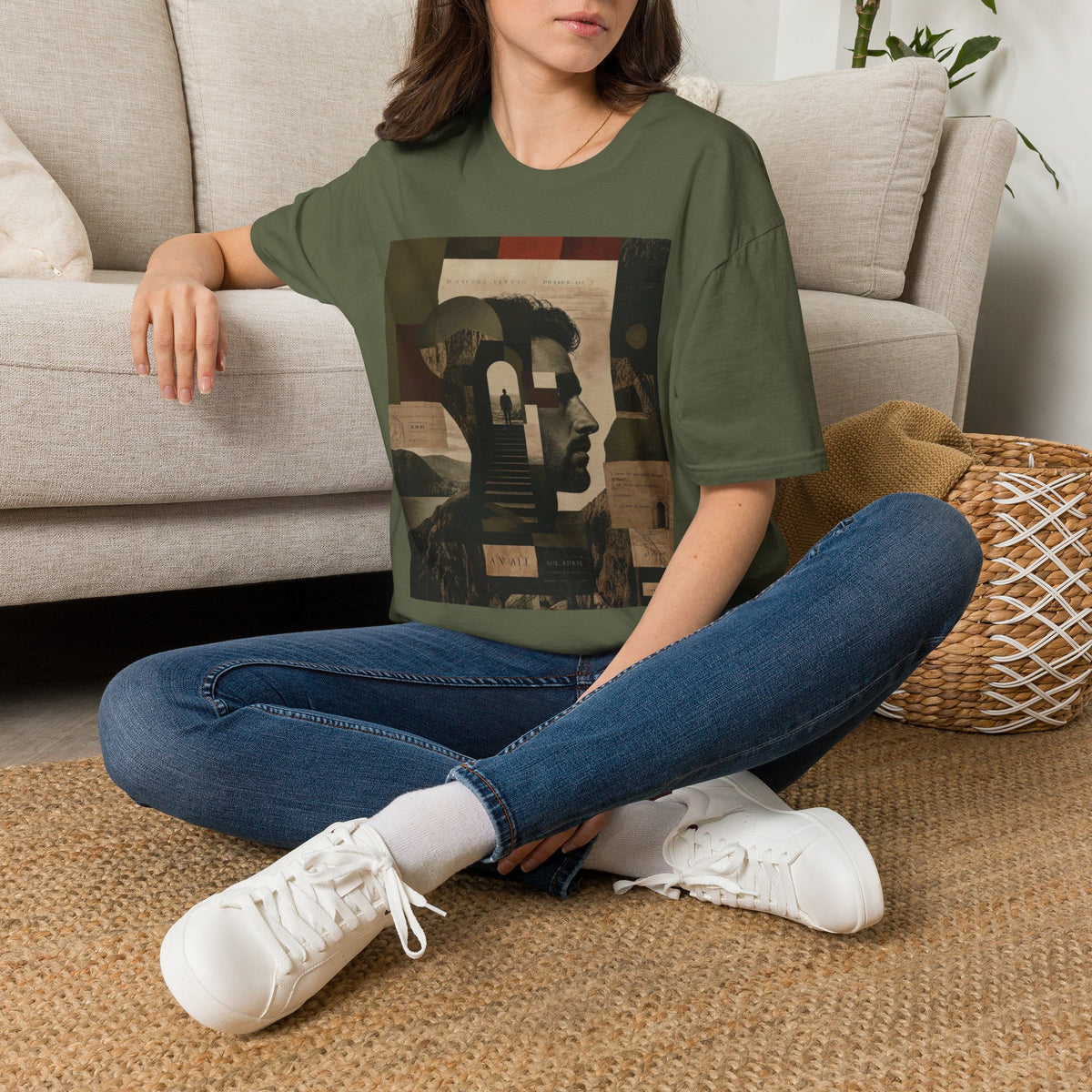 Mindscape Collage Graphic T-Shirt – Abstract Mountain & Portrait Art Tee