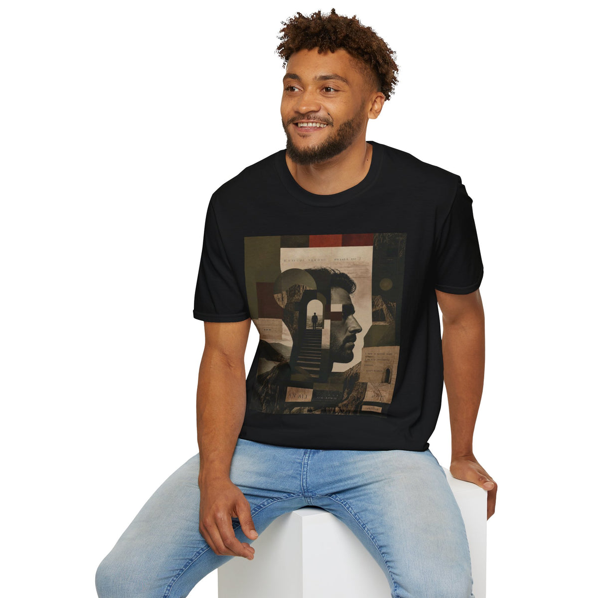 Mindscape Collage Graphic T-Shirt – Abstract Mountain & Portrait Art Tee