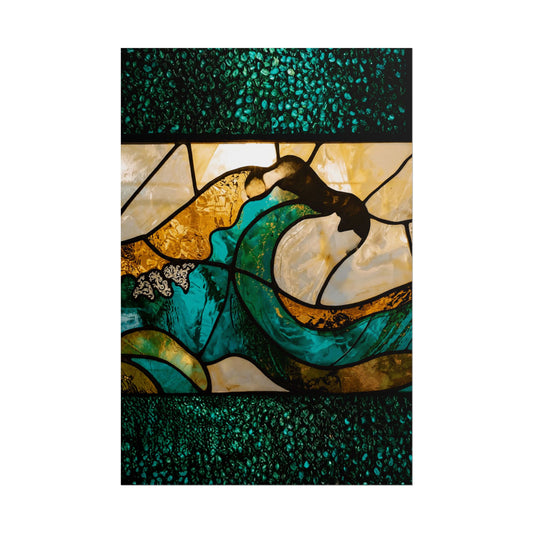 Vintage Stained Glass Ocean Wave Wall Art – Abstract Teal Sea Glass Mosaic Print, Nautical Decor Rolled Poster