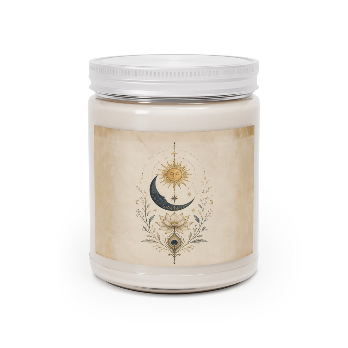 Mystical Sun and Moon Celestial Ritual Candle Bohemian Lotus Scented Soy Candles with White Lid, 9oz