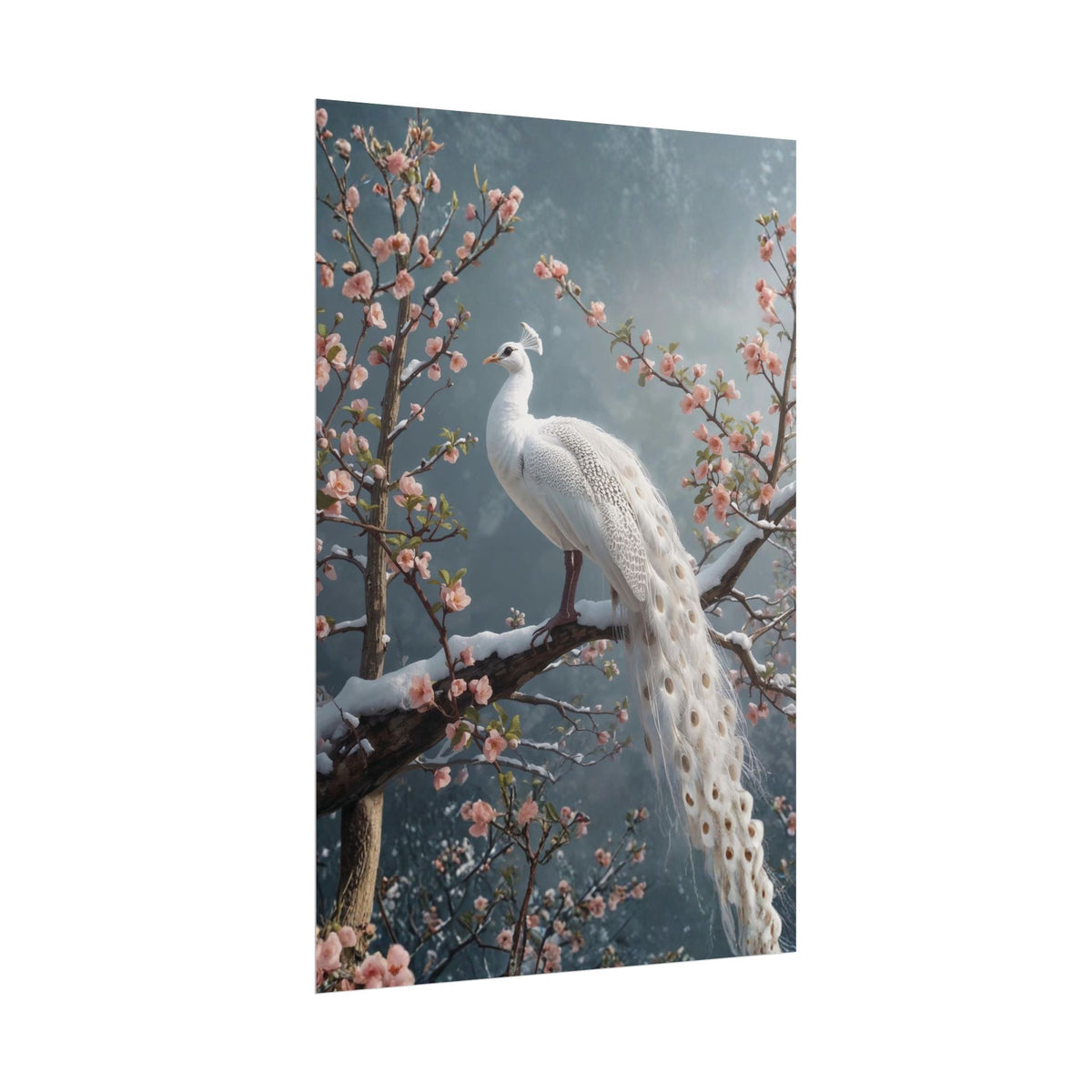 Rolled poster White Peacock Wall Art, Cherry Blossom Winter Landscape Print, Chinoiserie Large Botanical Poster, Elegant Nature Animals Decor Rolled Poster